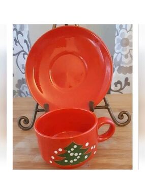 WAECHTERSBACH painted Christmas Tree glossy red flat cup saucer GERMANY
